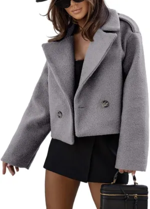 IDEALSANXUN Cropped Pea Coat for Women Fall Winter Wool Blazer Jackets Dressy Short Trench Coat Overcoat