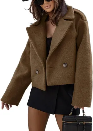 IDEALSANXUN Cropped Pea Coat for Women Fall Winter Wool Blazer Jackets Dressy Short Trench Coat Overcoat
