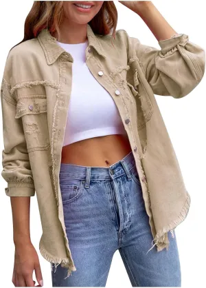 Jean Jackets for Women 2024 Trendy Classic Lapel Button Down Frayed Hem Shacket Long Sleeve Distresse Trucker Coats
