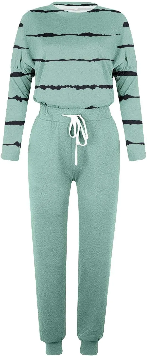 Jogging Suits for Women 2 Piece Set Casual Size Sweatsuits Trendy Stripe Print Tracksuit Soft Travel Loungewear Set