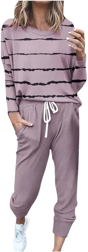 Jogging Suits for Women 2 Piece Set Casual Size Sweatsuits Trendy Stripe Print Tracksuit Soft Travel Loungewear Set