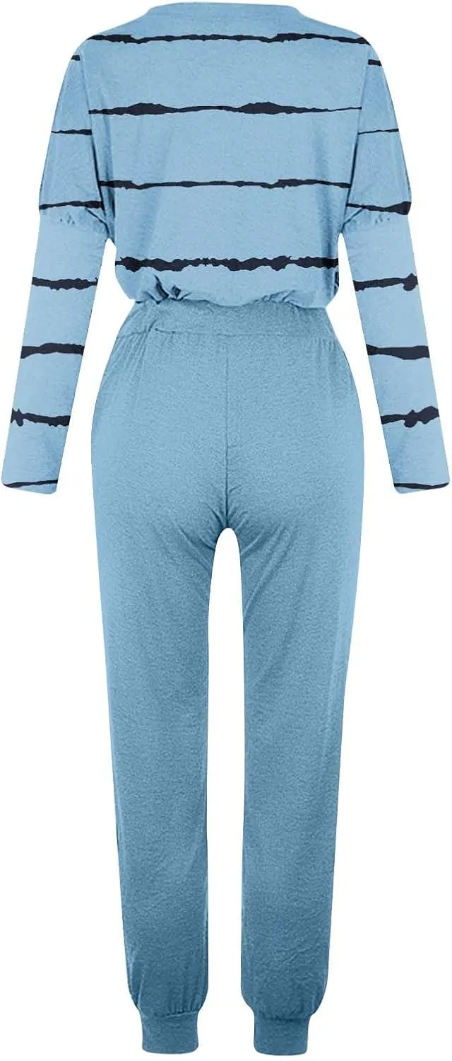 Jogging Suits for Women 2 Piece Set Casual Size Sweatsuits Trendy Stripe Print Tracksuit Soft Travel Loungewear Set