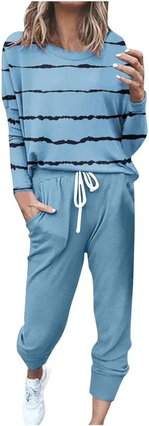 Jogging Suits for Women 2 Piece Set Casual Size Sweatsuits Trendy Stripe Print Tracksuit Soft Travel Loungewear Set