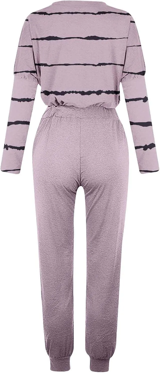 Jogging Suits for Women 2 Piece Set Casual Size Sweatsuits Trendy Stripe Print Tracksuit Soft Travel Loungewear Set