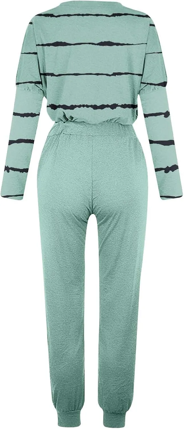 Jogging Suits for Women 2 Piece Set Casual Size Sweatsuits Trendy Stripe Print Tracksuit Soft Travel Loungewear Set