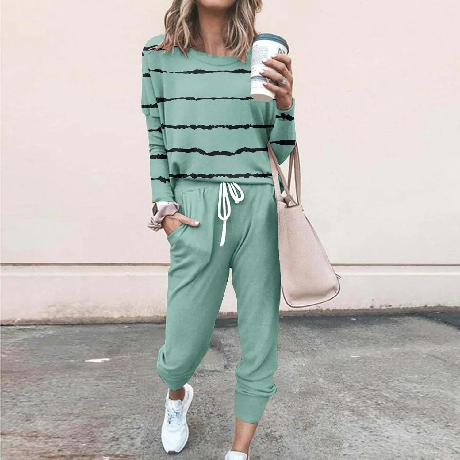 Jogging Suits for Women 2 Piece Set Casual Size Sweatsuits Trendy Stripe Print Tracksuit Soft Travel Loungewear Set
