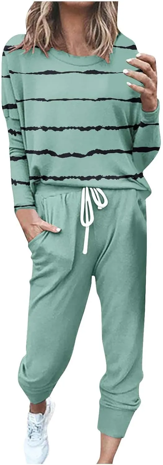 Jogging Suits for Women 2 Piece Set Casual Size Sweatsuits Trendy Stripe Print Tracksuit Soft Travel Loungewear Set