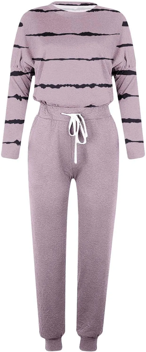Jogging Suits for Women 2 Piece Set Casual Size Sweatsuits Trendy Stripe Print Tracksuit Soft Travel Loungewear Set