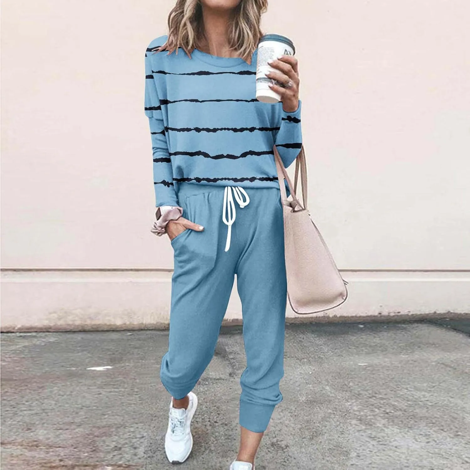 Jogging Suits for Women 2 Piece Set Casual Size Sweatsuits Trendy Stripe Print Tracksuit Soft Travel Loungewear Set