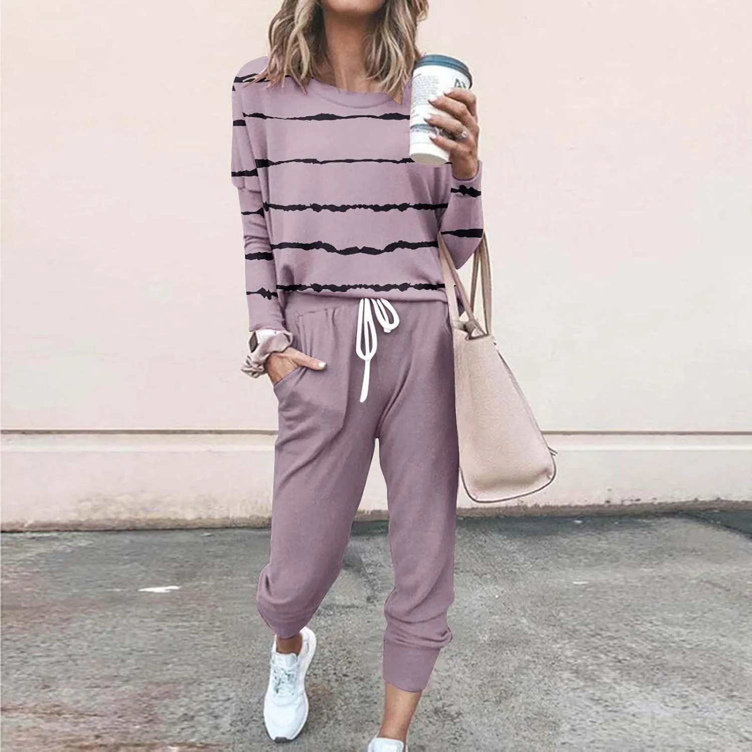 Jogging Suits for Women 2 Piece Set Casual Size Sweatsuits Trendy Stripe Print Tracksuit Soft Travel Loungewear Set