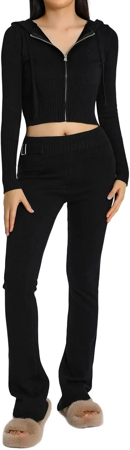 Juakoso Women Y2k Knit 2 Piece Outfits Long Sleeve Zip Up Crop Hooded Sweater High Waist Skinny Pants Lounge Sets Tracksuit