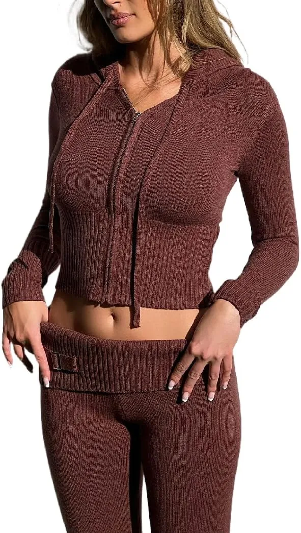 Juakoso Women Y2k Knit 2 Piece Outfits Long Sleeve Zip Up Crop Hooded Sweater High Waist Skinny Pants Lounge Sets Tracksuit