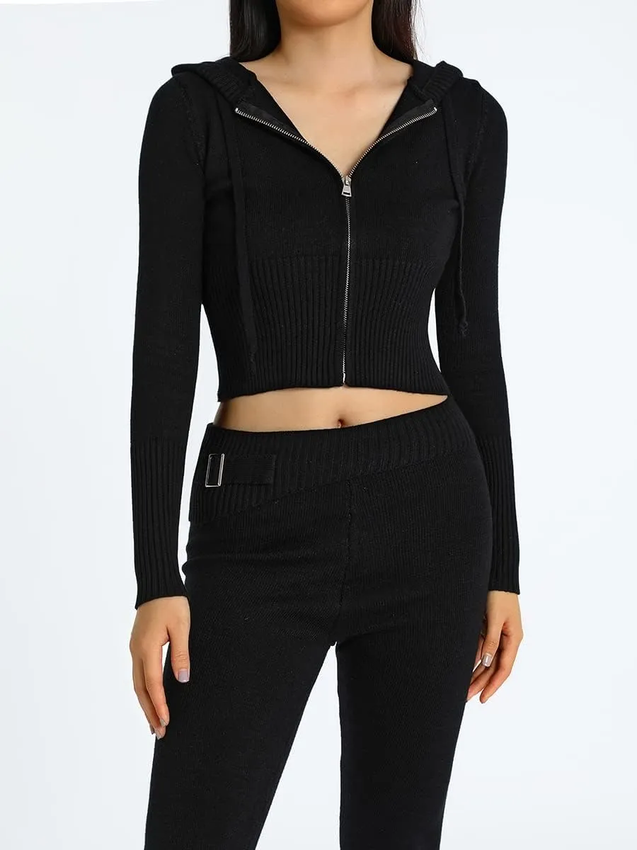Juakoso Women Y2k Knit 2 Piece Outfits Long Sleeve Zip Up Crop Hooded Sweater High Waist Skinny Pants Lounge Sets Tracksuit