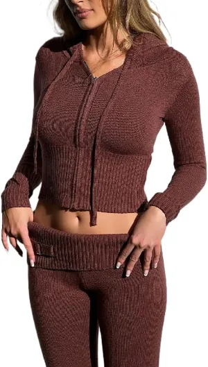 Juakoso Women Y2k Knit 2 Piece Outfits Long Sleeve Zip Up Crop Hooded Sweater High Waist Skinny Pants Lounge Sets Tracksuit