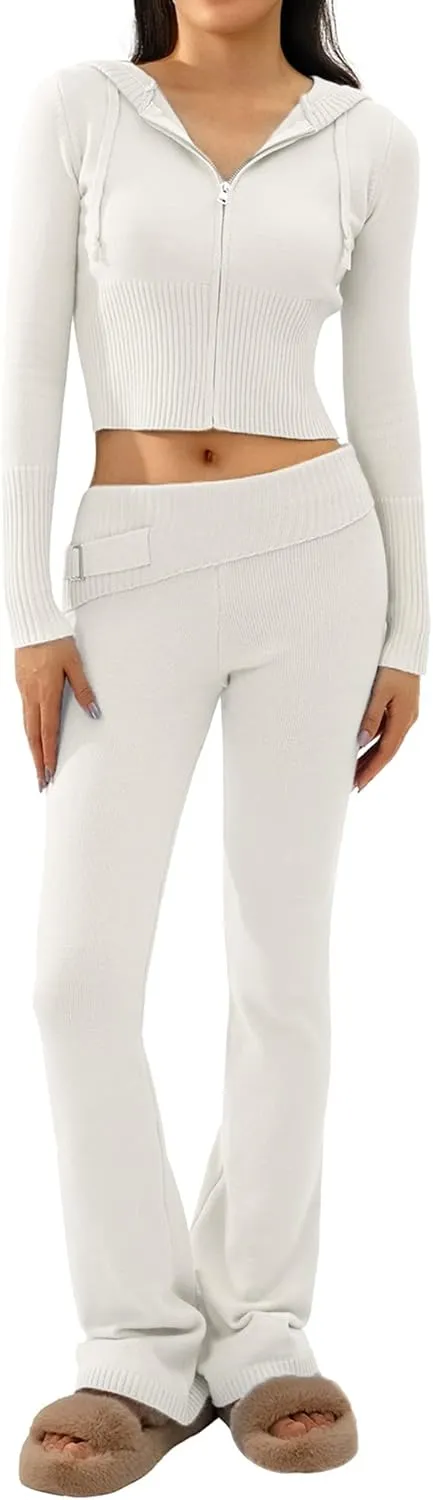 Juakoso Women Y2k Knit 2 Piece Outfits Long Sleeve Zip Up Crop Hooded Sweater High Waist Skinny Pants Lounge Sets Tracksuit