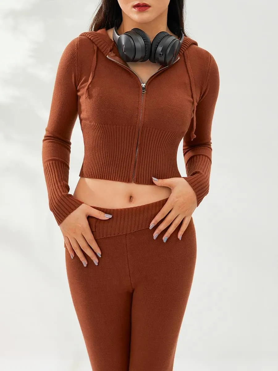 Juakoso Women Y2k Knit 2 Piece Outfits Long Sleeve Zip Up Crop Hooded Sweater High Waist Skinny Pants Lounge Sets Tracksuit