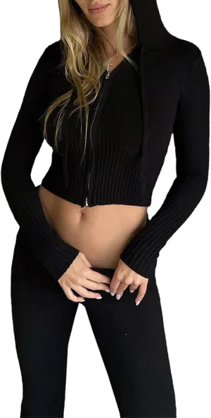 Juakoso Women Y2k Knit 2 Piece Outfits Long Sleeve Zip Up Crop Hooded Sweater High Waist Skinny Pants Lounge Sets Tracksuit