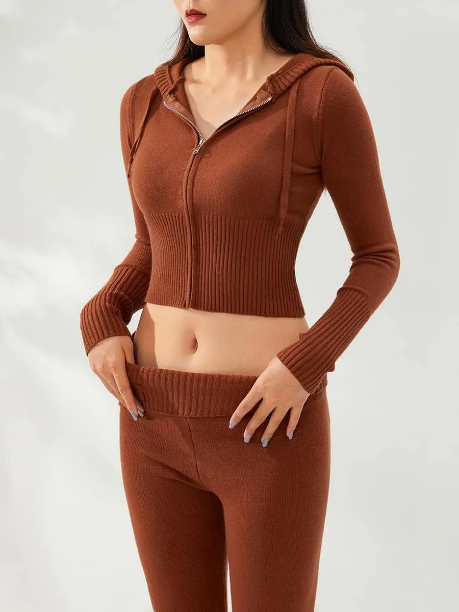 Juakoso Women Y2k Knit 2 Piece Outfits Long Sleeve Zip Up Crop Hooded Sweater High Waist Skinny Pants Lounge Sets Tracksuit