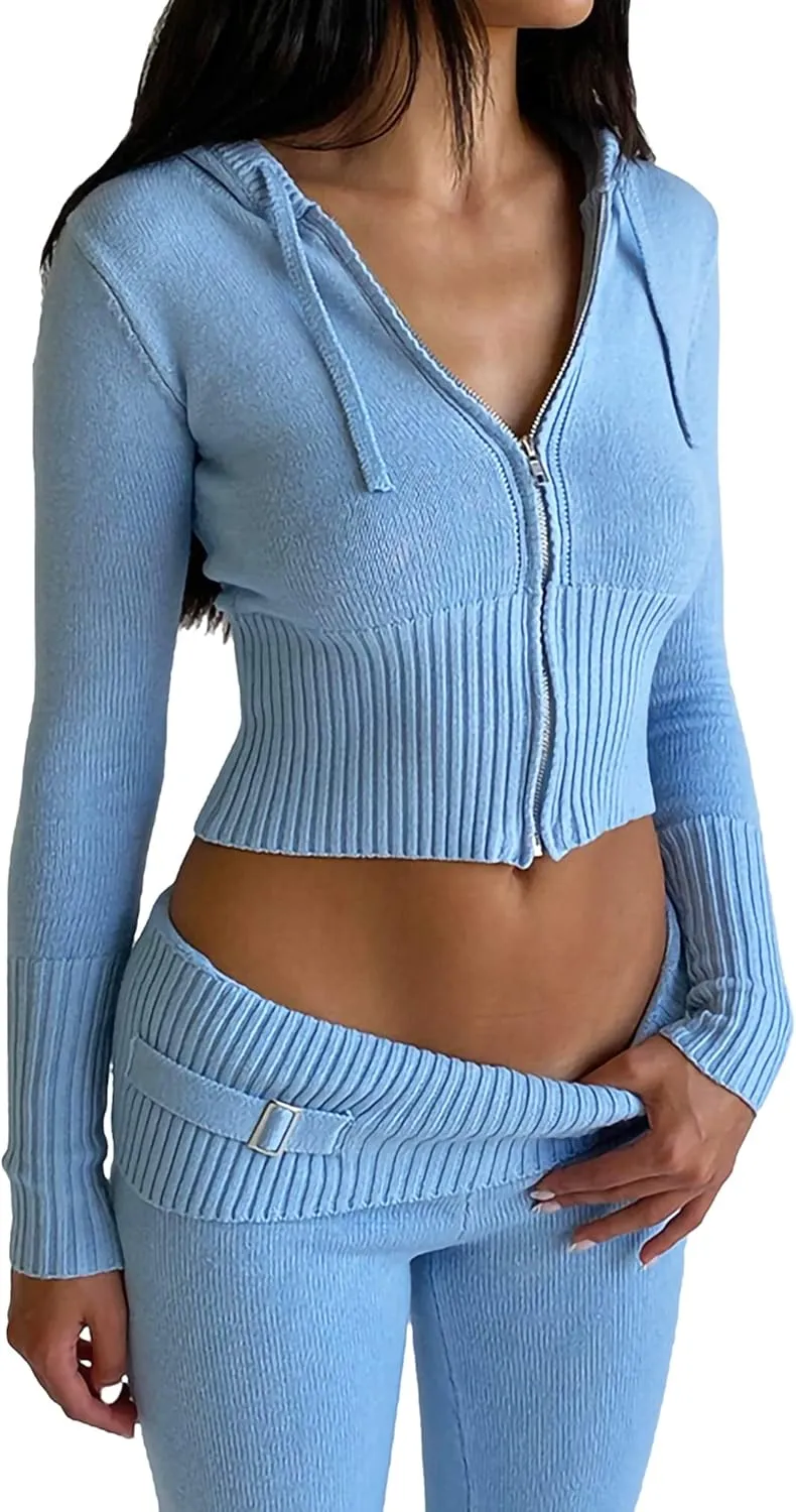 Juakoso Women Y2k Knit 2 Piece Outfits Long Sleeve Zip Up Crop Hooded Sweater High Waist Skinny Pants Lounge Sets Tracksuit