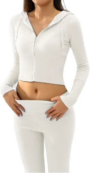 Juakoso Women Y2k Knit 2 Piece Outfits Long Sleeve Zip Up Crop Hooded Sweater High Waist Skinny Pants Lounge Sets Tracksuit