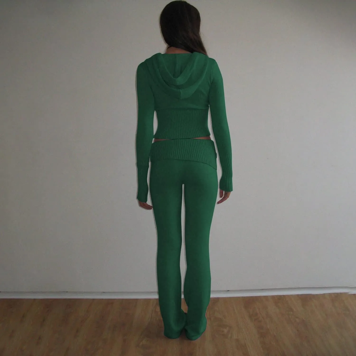 Juakoso Women Y2k Knit 2 Piece Outfits Long Sleeve Zip Up Crop Hooded Sweater High Waist Skinny Pants Lounge Sets Tracksuit