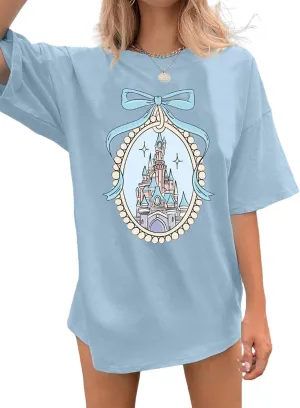 jusgai Magic Kingdom Tshirts for Women Cute Castle Shirt Oversized Bows Graphic Tee Family Vacation Short Sleeve Tops