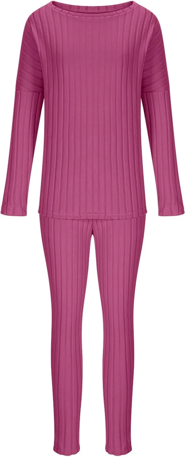 Knit Set for Women 2 Piece Outfit Casual Lounge Set Crew Neck Tops and Pants Sets Comfy Pajamas Sets Soft Loungewear