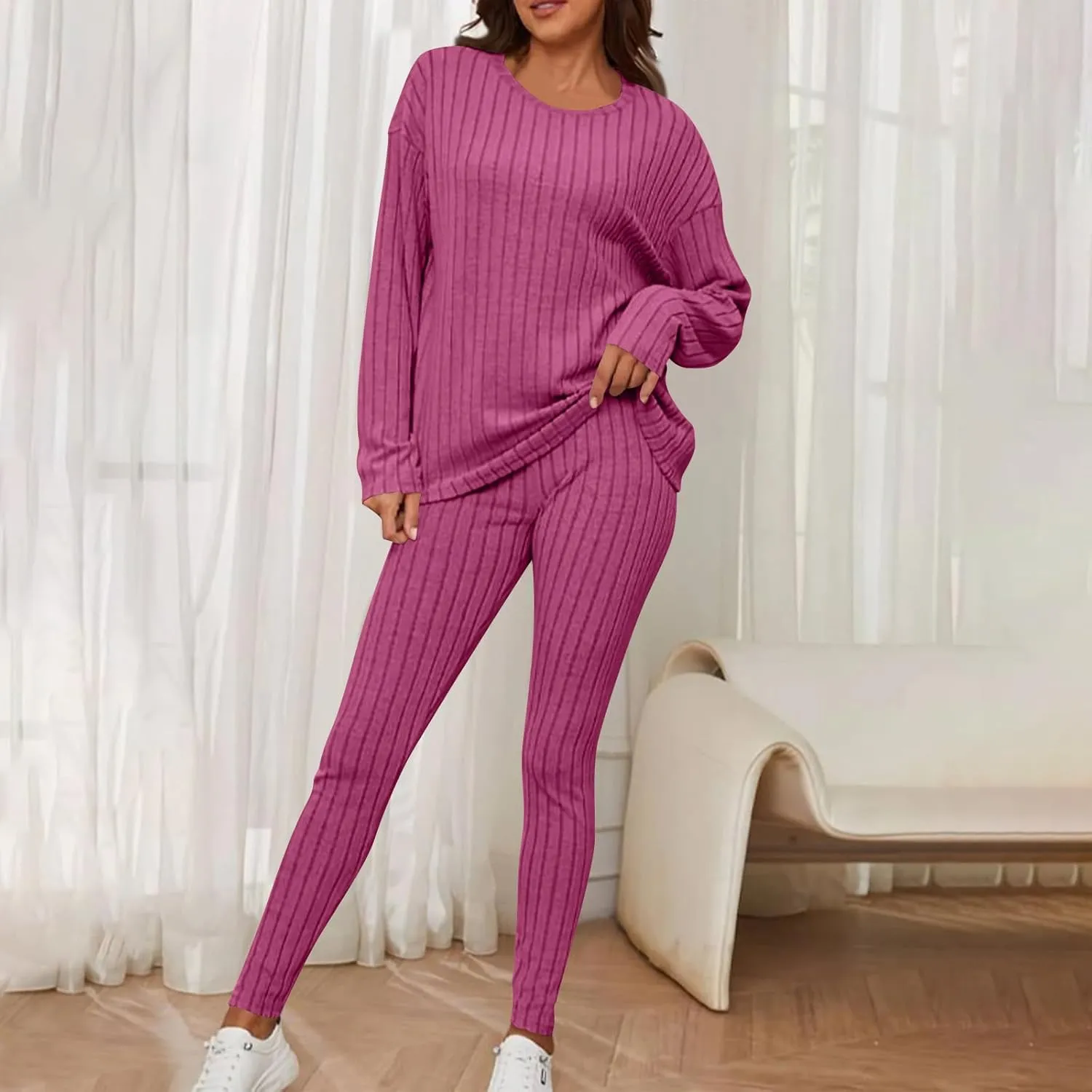 Knit Set for Women 2 Piece Outfit Casual Lounge Set Crew Neck Tops and Pants Sets Comfy Pajamas Sets Soft Loungewear