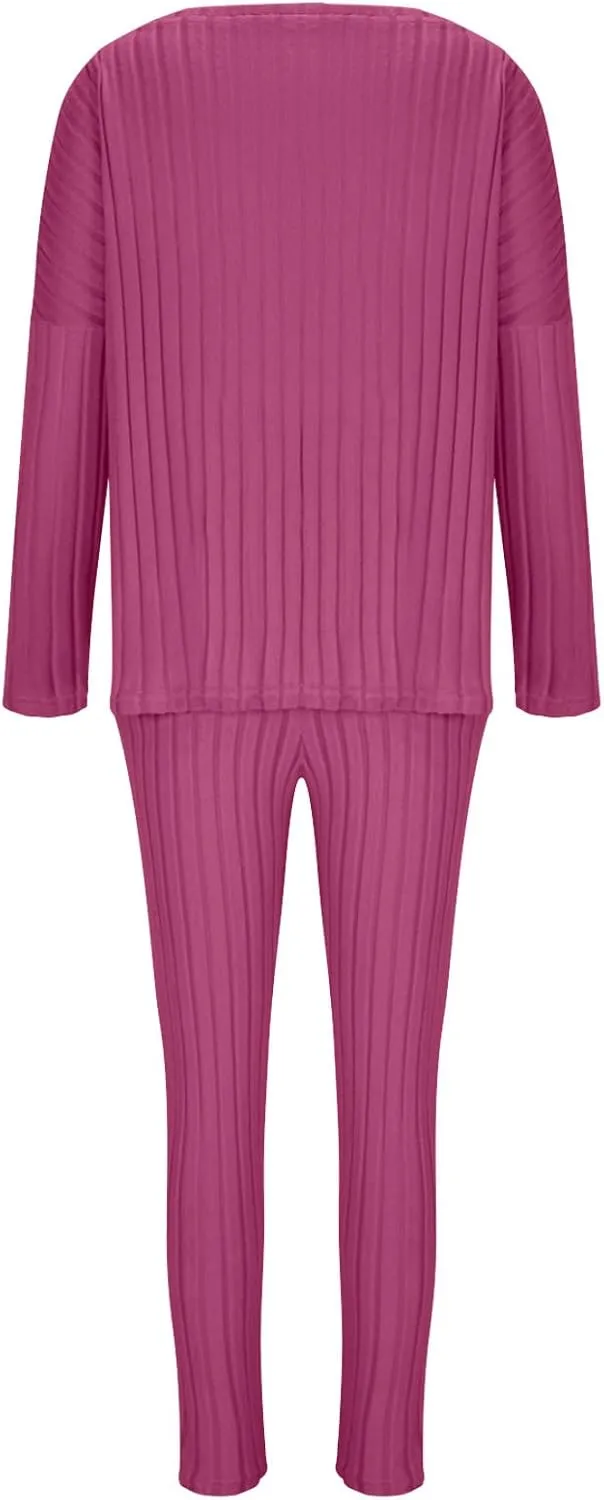 Knit Set for Women 2 Piece Outfit Casual Lounge Set Crew Neck Tops and Pants Sets Comfy Pajamas Sets Soft Loungewear