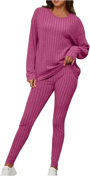 Knit Set for Women 2 Piece Outfit Casual Lounge Set Crew Neck Tops and Pants Sets Comfy Pajamas Sets Soft Loungewear