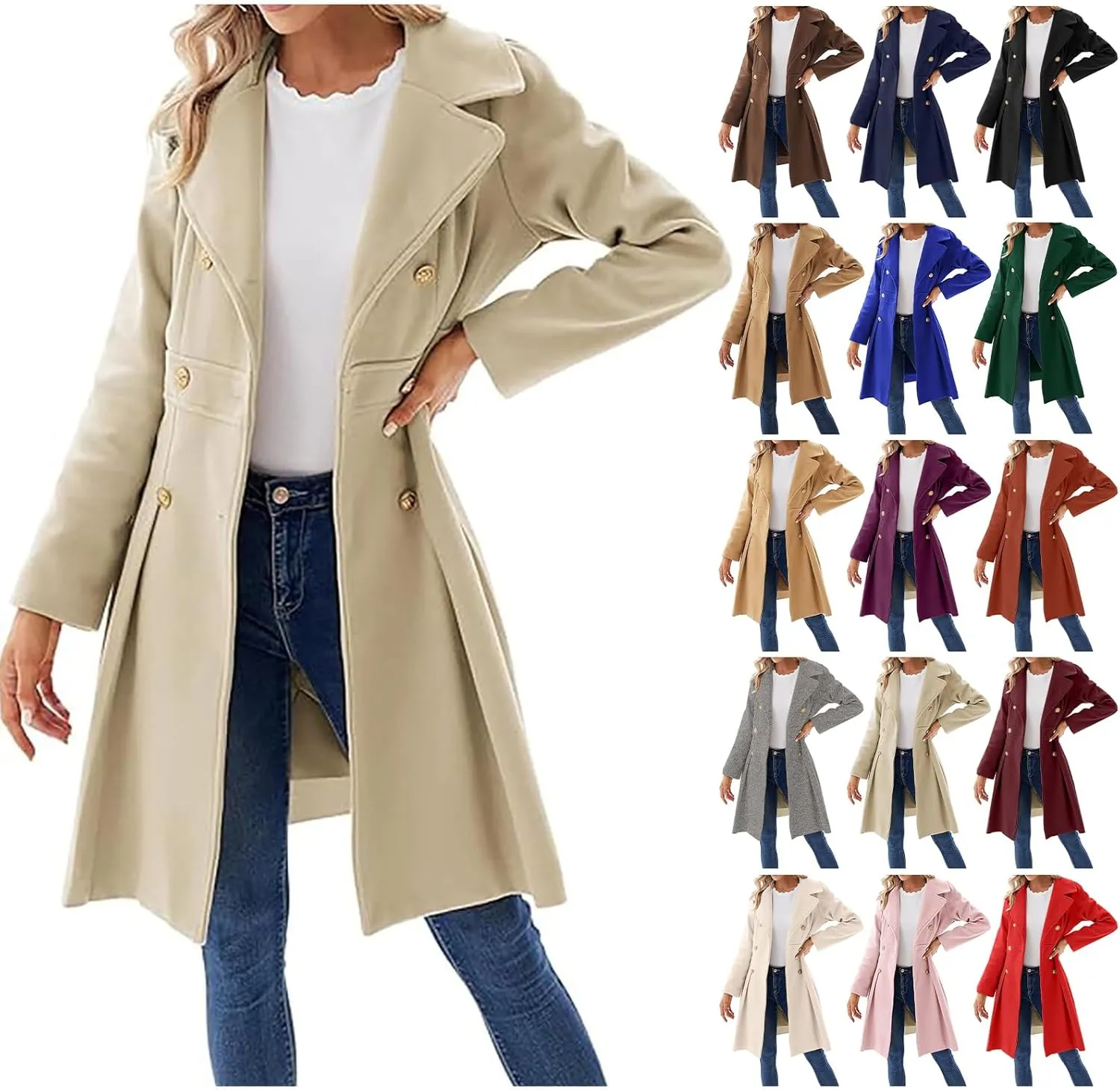 Kubbon Womens Wool Blend Coat Notched Lapel Collar Double Breasted Pea Coat Dressy Long Sleeve Work Office Trench Coat