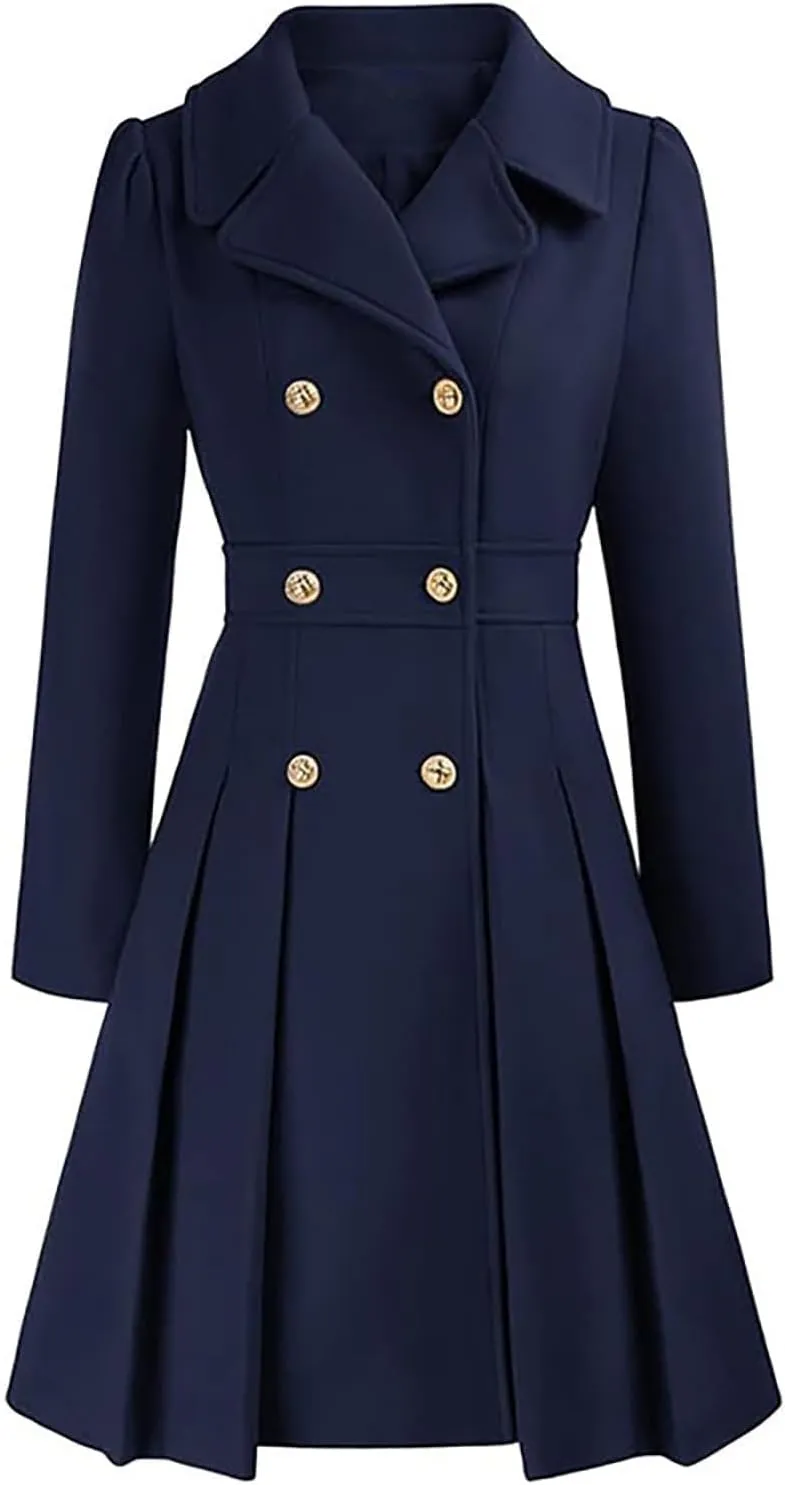 Kubbon Womens Wool Blend Coat Notched Lapel Collar Double Breasted Pea Coat Dressy Long Sleeve Work Office Trench Coat