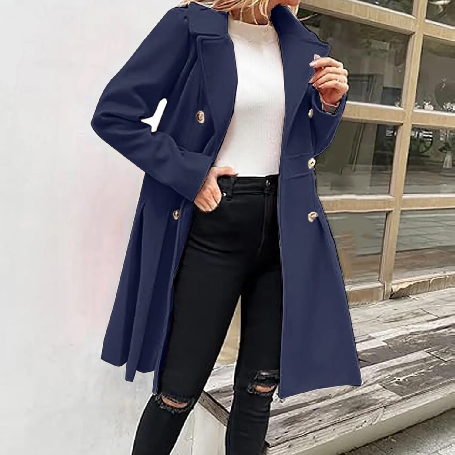 Kubbon Womens Wool Blend Coat Notched Lapel Collar Double Breasted Pea Coat Dressy Long Sleeve Work Office Trench Coat