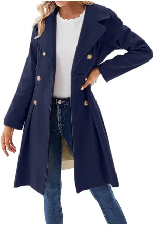 Kubbon Womens Wool Blend Coat Notched Lapel Collar Double Breasted Pea Coat Dressy Long Sleeve Work Office Trench Coat