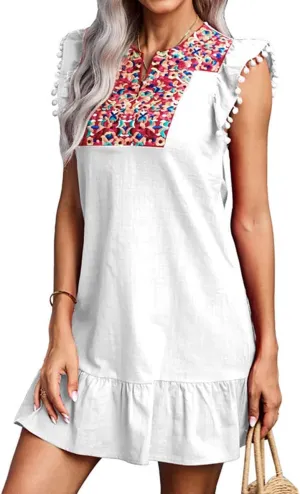 KYLASIEN Women's V Neck Floral Embroidered Ruffle Pompom Dresses 2023 Sleeveless Mexican Floral Shift White Dress Summer Casual Boho Mini Dress