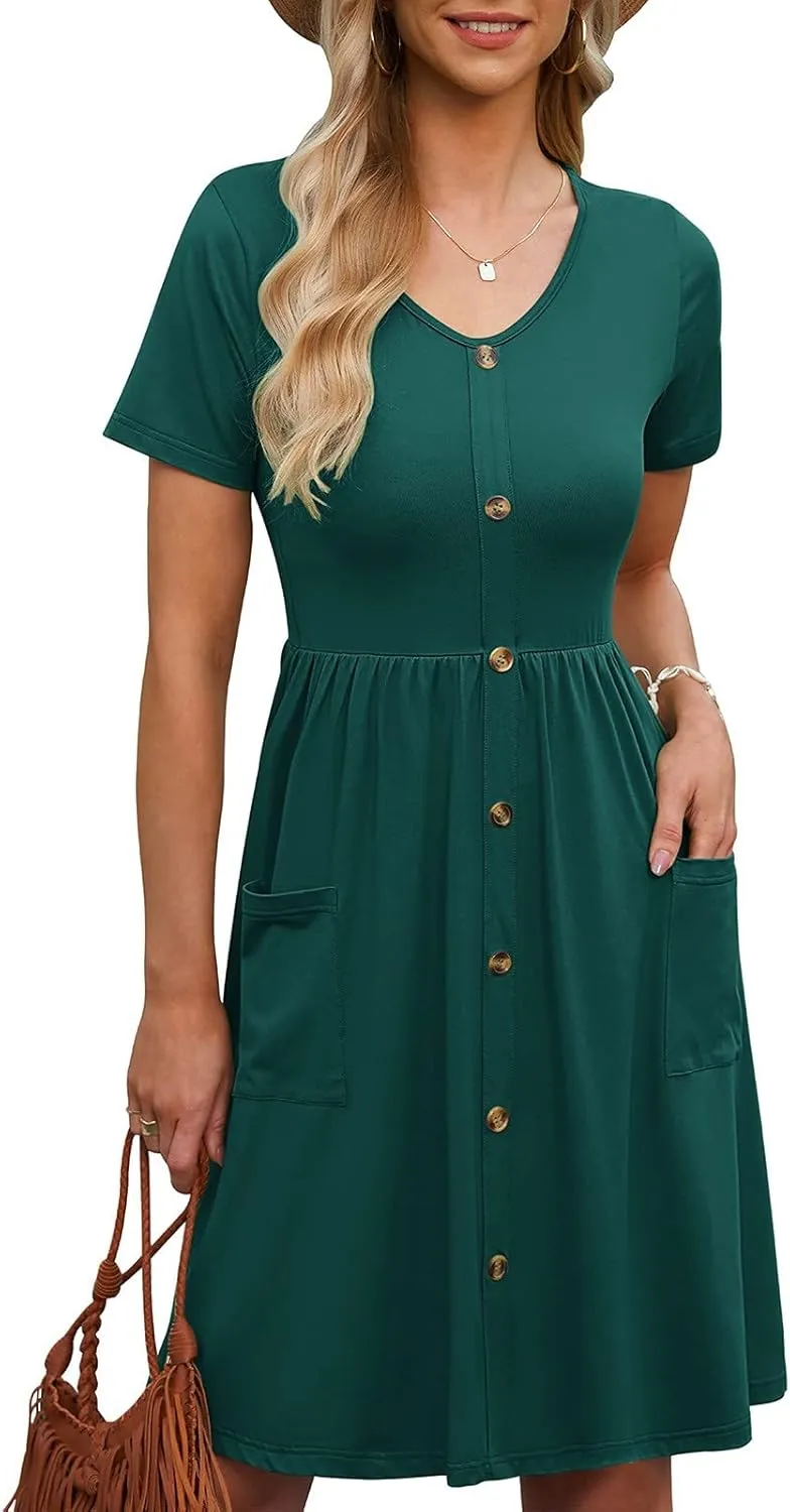 Ladies Dresses Classic Casual Short Flutter Sleeve V Neck Button Down Midi Dress with Pockets Spring Break Outfit Women