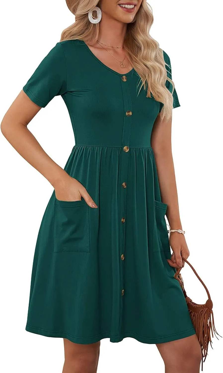 Ladies Dresses Classic Casual Short Flutter Sleeve V Neck Button Down Midi Dress with Pockets Spring Break Outfit Women