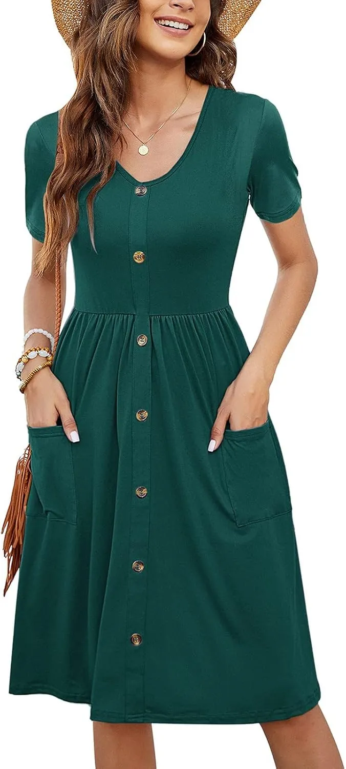 Ladies Dresses Classic Casual Short Flutter Sleeve V Neck Button Down Midi Dress with Pockets Spring Break Outfit Women