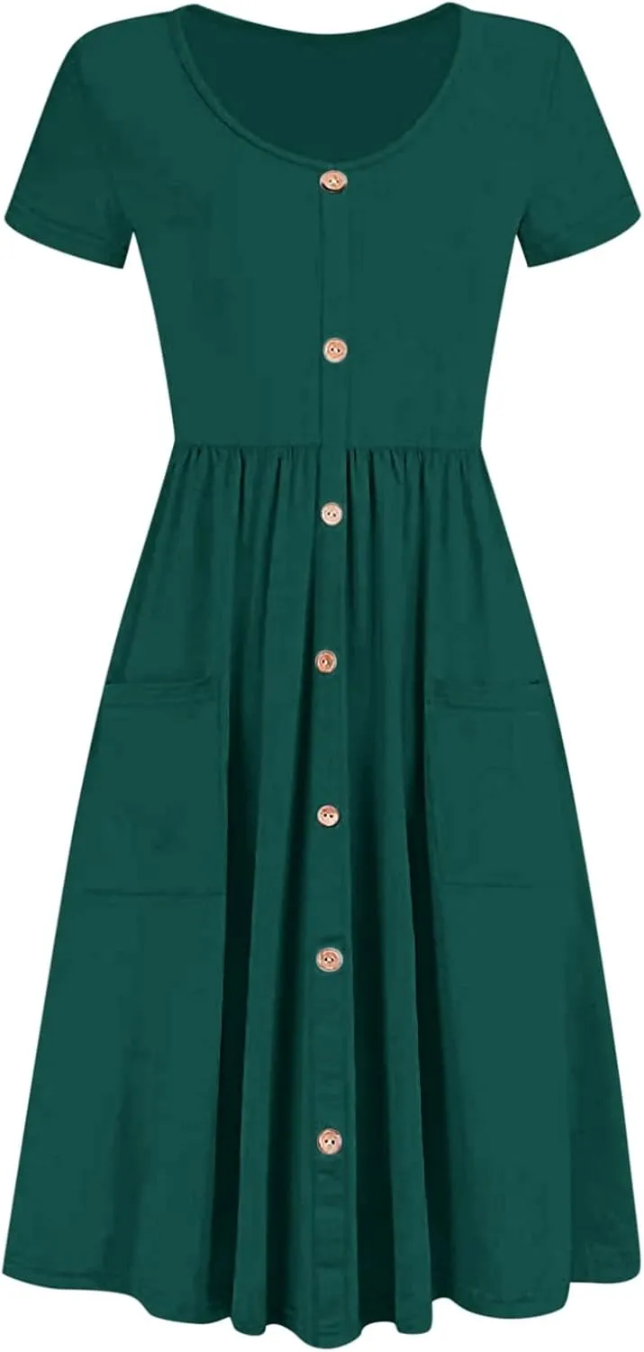 Ladies Dresses Classic Casual Short Flutter Sleeve V Neck Button Down Midi Dress with Pockets Spring Break Outfit Women