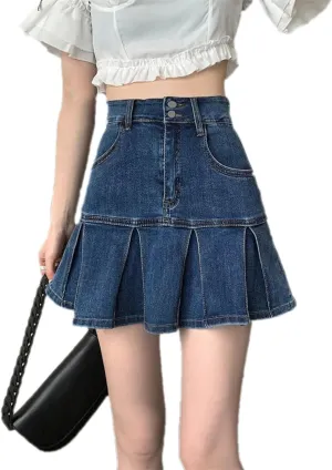 Ladies High Waist A-Line Pleated Mini Denim Skirts Women Summer Jean Short Skirts