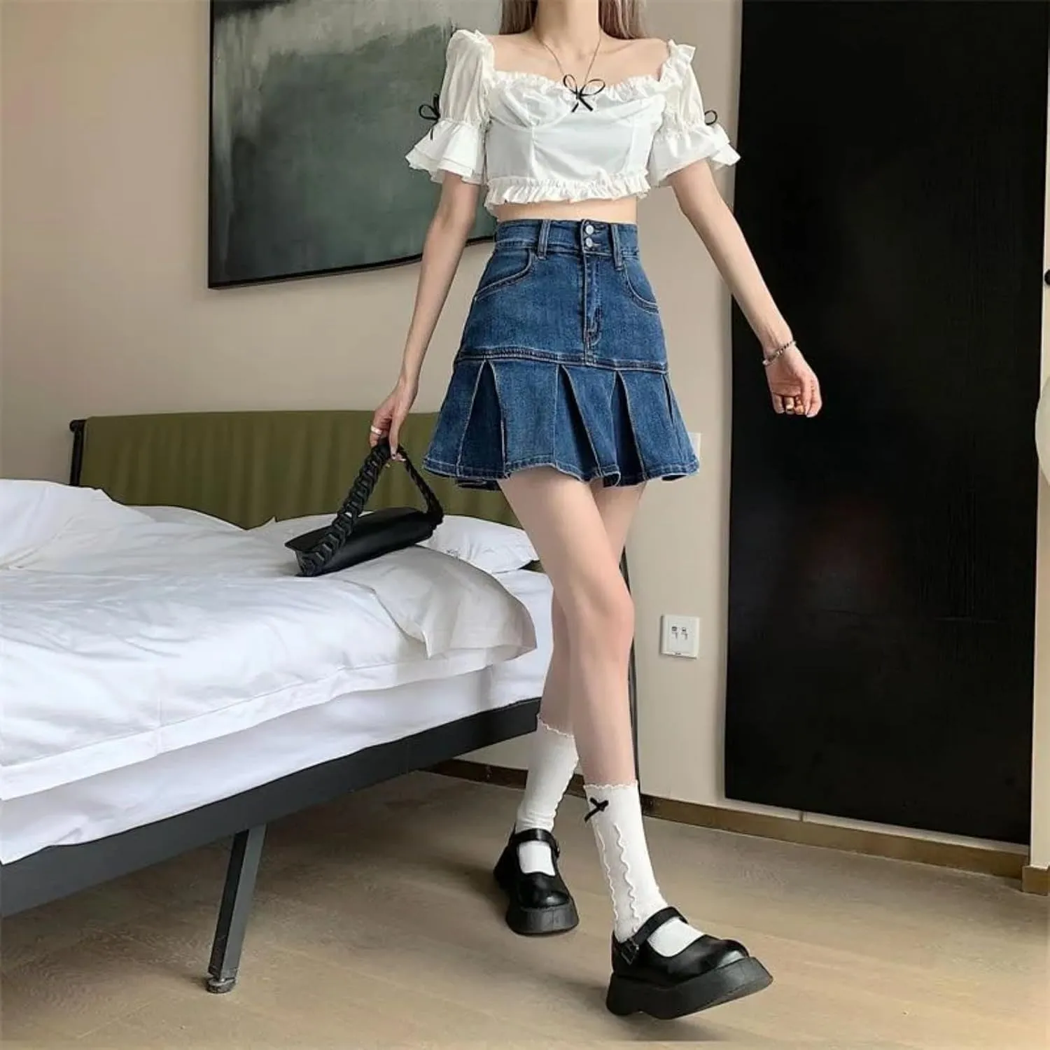 Ladies High Waist A-Line Pleated Mini Denim Skirts Women Summer Jean Short Skirts