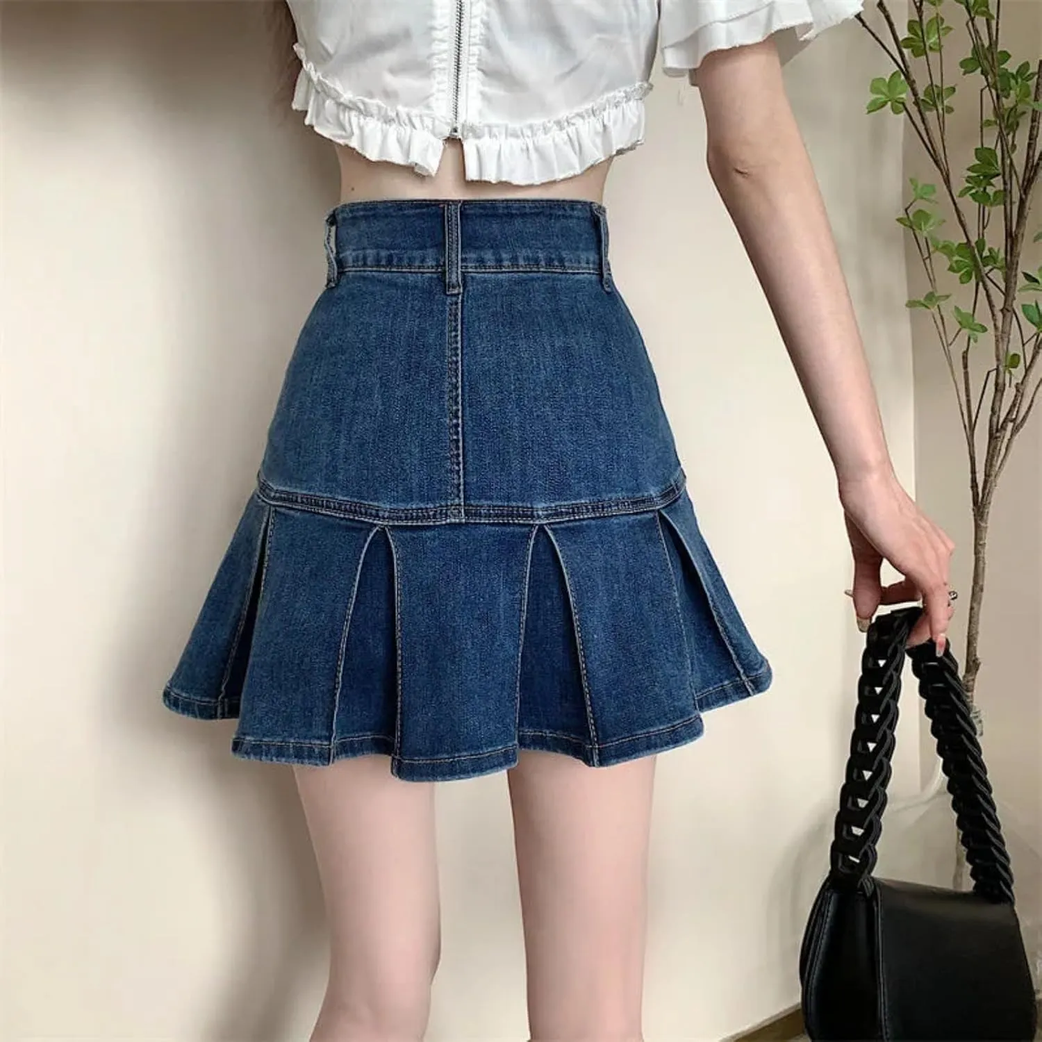 Ladies High Waist A-Line Pleated Mini Denim Skirts Women Summer Jean Short Skirts