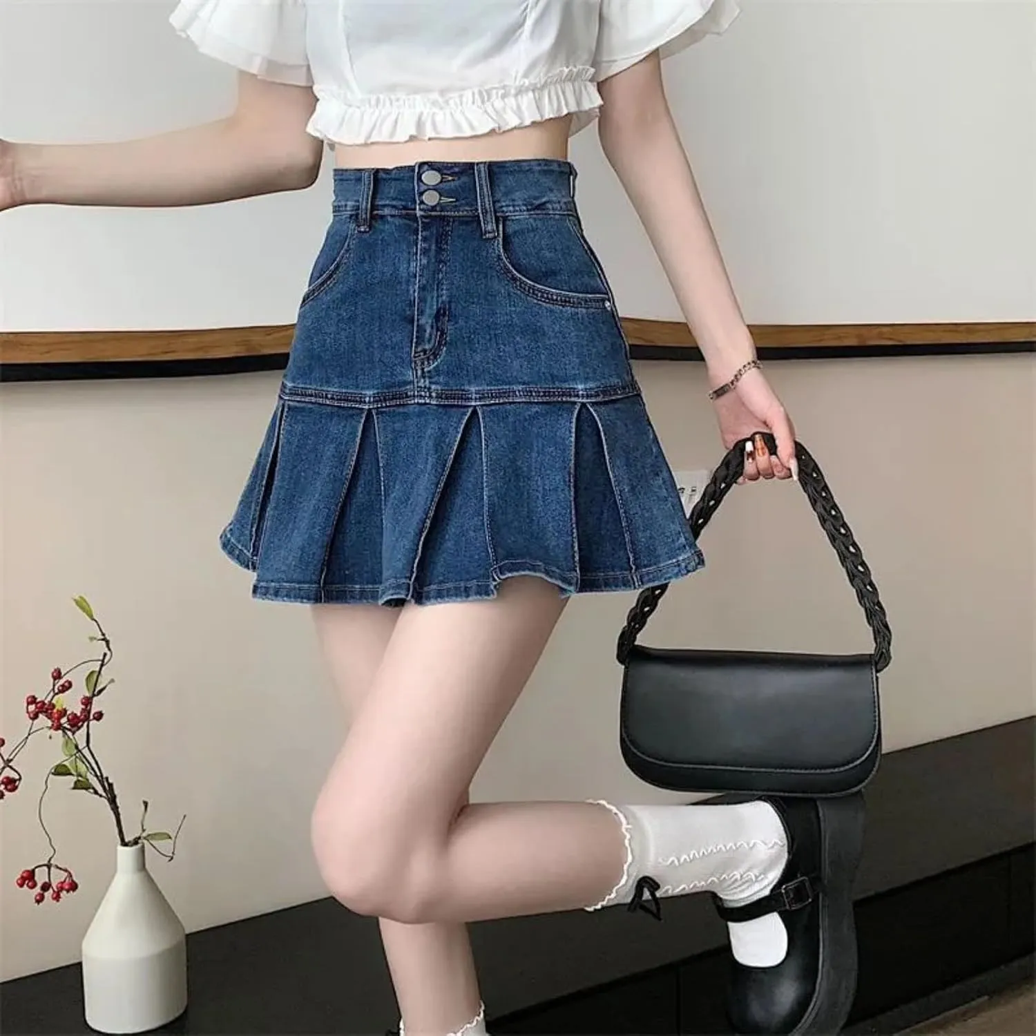 Ladies High Waist A-Line Pleated Mini Denim Skirts Women Summer Jean Short Skirts