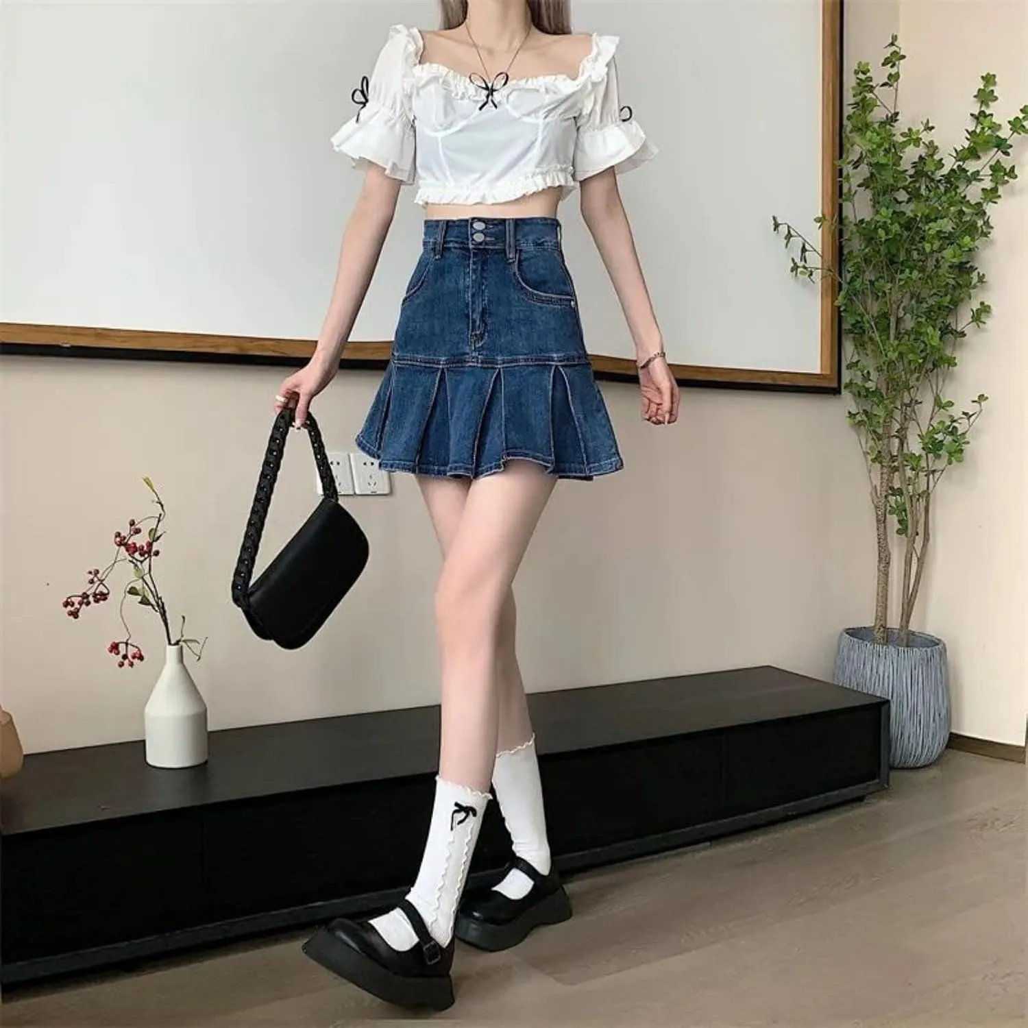 Ladies High Waist A-Line Pleated Mini Denim Skirts Women Summer Jean Short Skirts