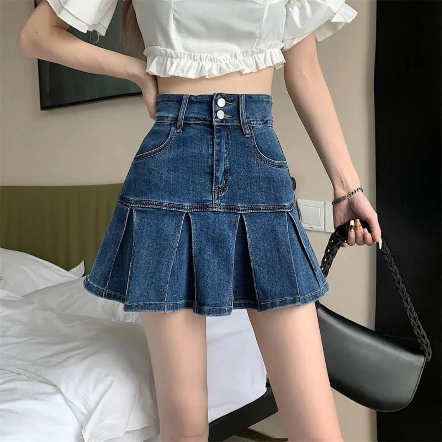 Ladies High Waist A-Line Pleated Mini Denim Skirts Women Summer Jean Short Skirts