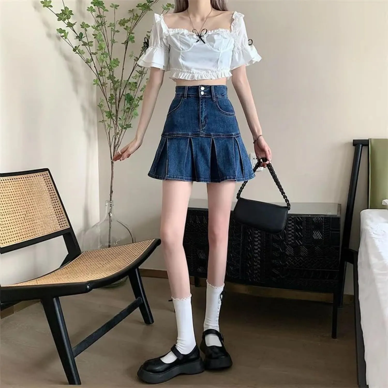 Ladies High Waist A-Line Pleated Mini Denim Skirts Women Summer Jean Short Skirts