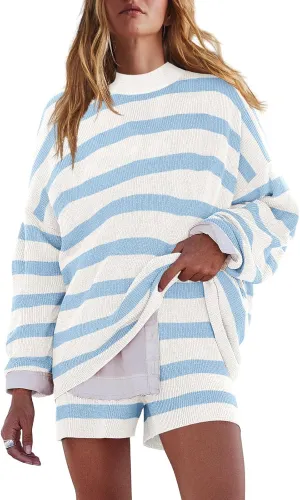 LAMISSCHE Womens Oversized Lounge Sets 2 Piece Outfits Striped Matching Pajama Set Long Sleeve Sweater Set