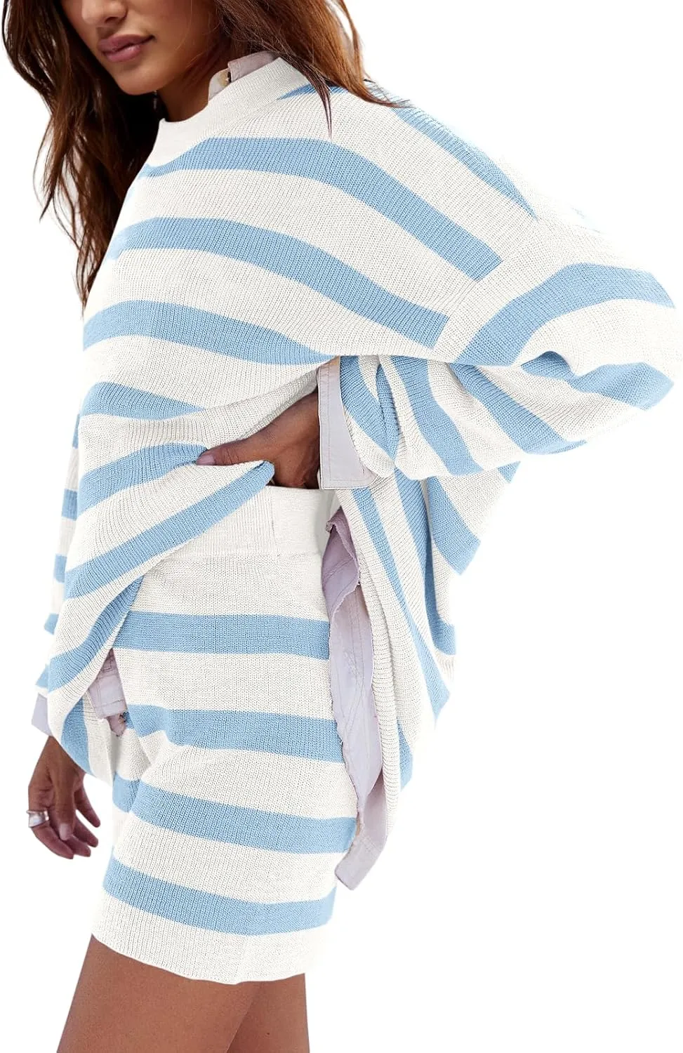 LAMISSCHE Womens Oversized Lounge Sets 2 Piece Outfits Striped Matching Pajama Set Long Sleeve Sweater Set