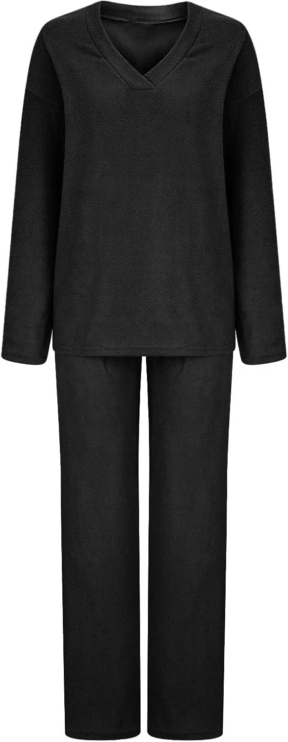 Lastesso 2 Piece Lounge Set Women Casual V Neck Long Sleeve Loungewear Sets with Soft Wid Leg Trousers Soft Pajamas Sleepwear