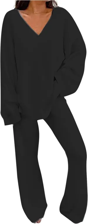 Lastesso 2 Piece Lounge Set Women Casual V Neck Long Sleeve Loungewear Sets with Soft Wid Leg Trousers Soft Pajamas Sleepwear